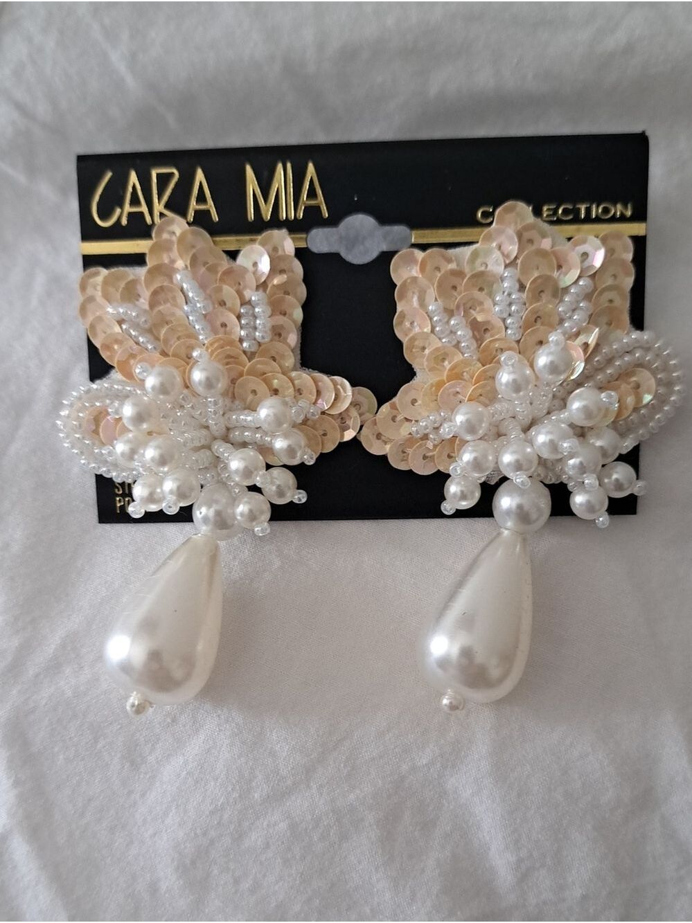 Retro CARA MIA Pearl & Sequin Statement Earrings - Champagne/White dangle pierce